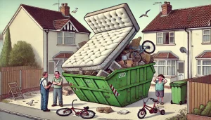A suburban street with a large skip sitting in a driveway. The skip is filled with random junk and a huge mattress is balanced on top.